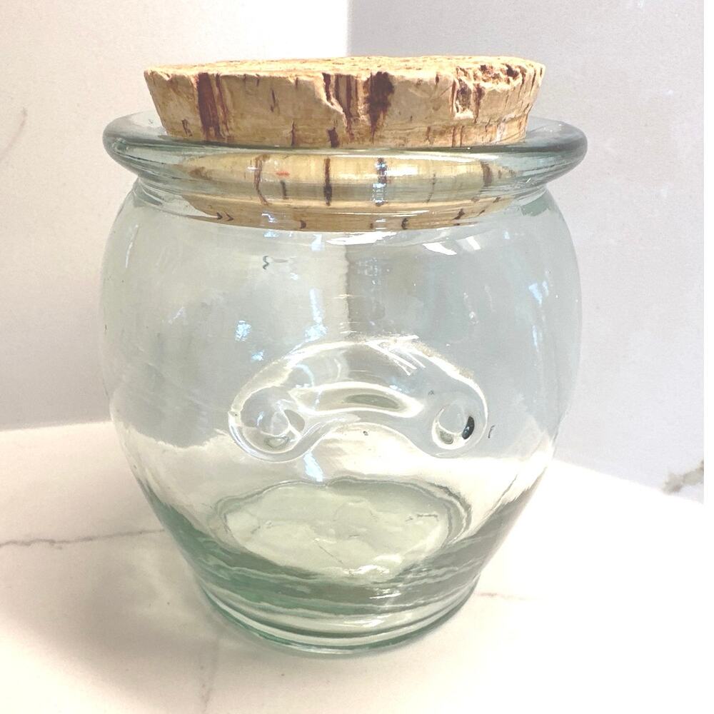 Vintage Corked Glass Jar, Spain, Round bottom, 5” tall, Green Tint